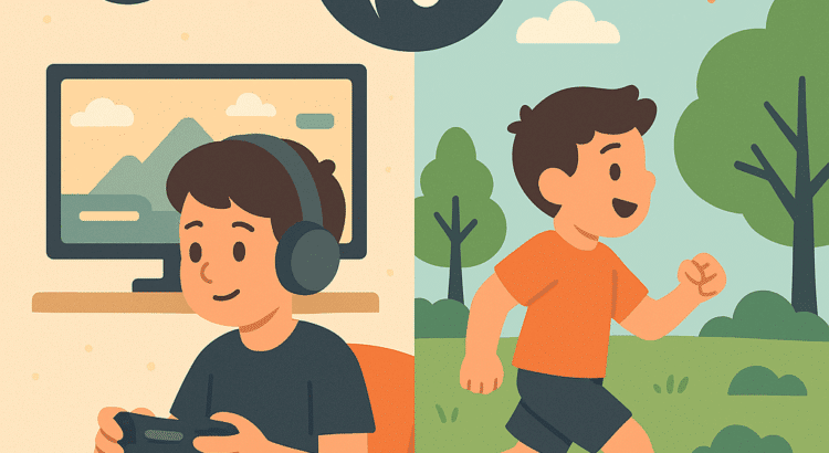Split-screen illustration showing a child gaming indoors on one side and playing outside in nature on the other, with a yin-yang symbol representing balance.