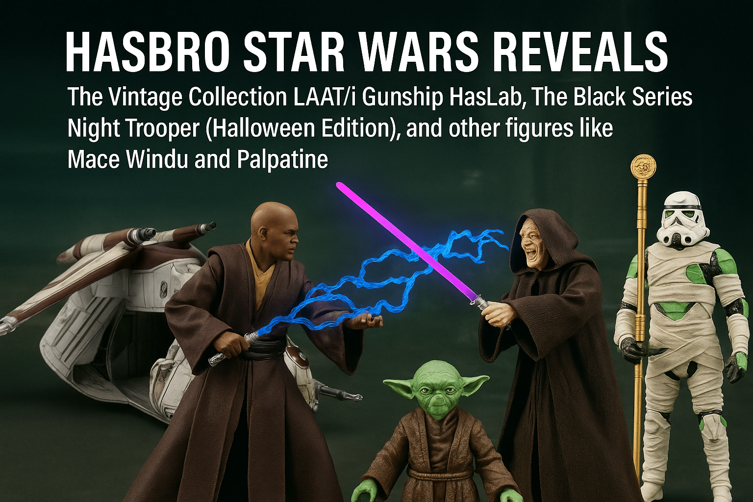 Hasbro Star Wars 2025 reveals including Mace Windu, Emperor Palpatine, Night Trooper Halloween Edition, Yoda, and the LAAT/i Gunship from SDCC