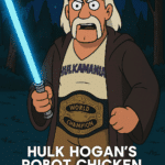 Cartoon version of Hulk Hogan in Jedi robes with lightsaber and championship belt, parodying Star Wars in Robot Chicken style