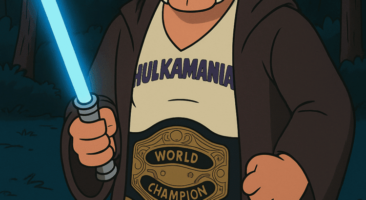 Cartoon version of Hulk Hogan in Jedi robes with lightsaber and championship belt, parodying Star Wars in Robot Chicken style