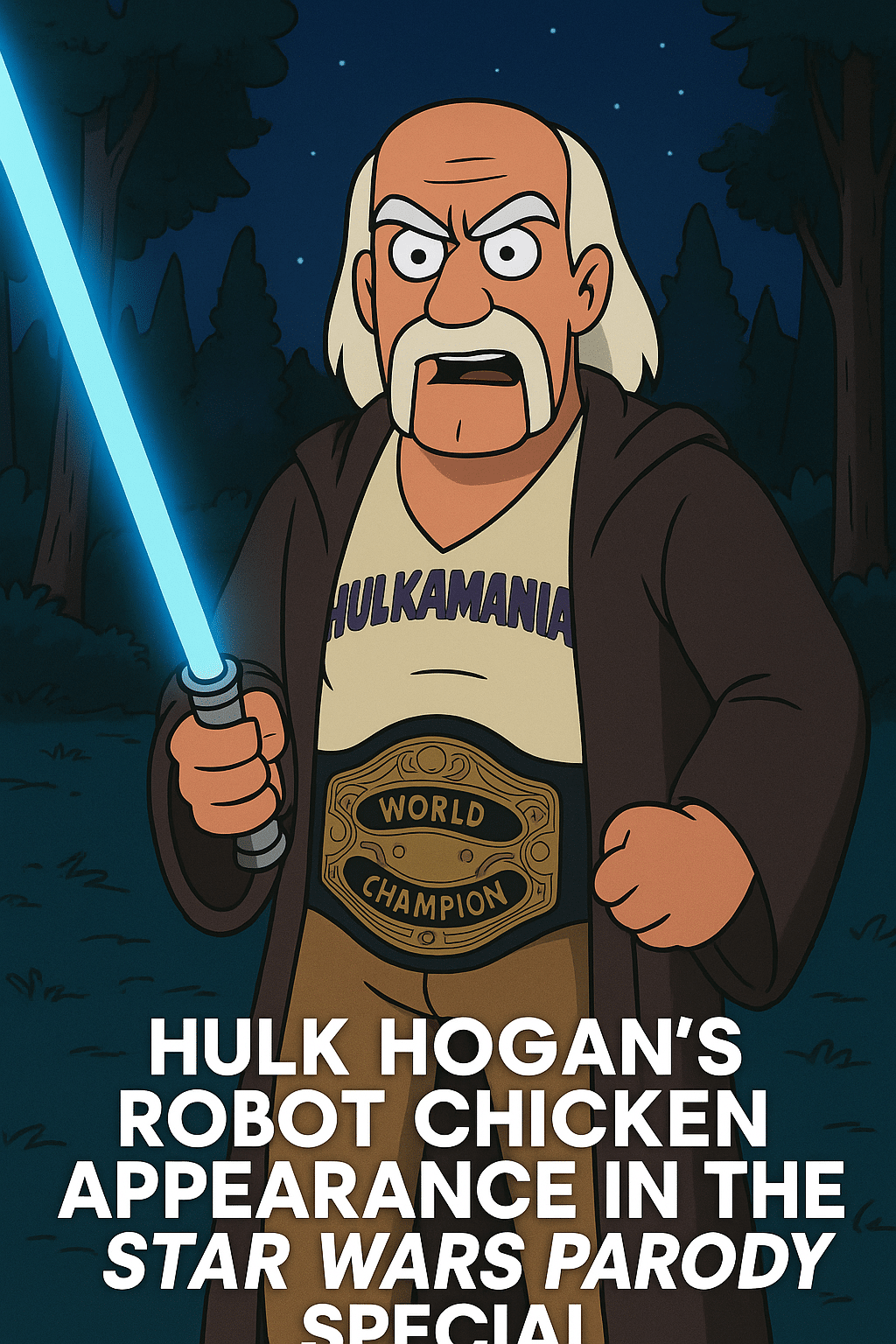 Cartoon version of Hulk Hogan in Jedi robes with lightsaber and championship belt, parodying Star Wars in Robot Chicken style