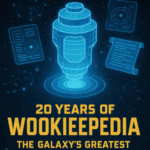 Celebratory digital illustration of Wookieepedia's 20th anniversary with a glowing galactic data archive hologram