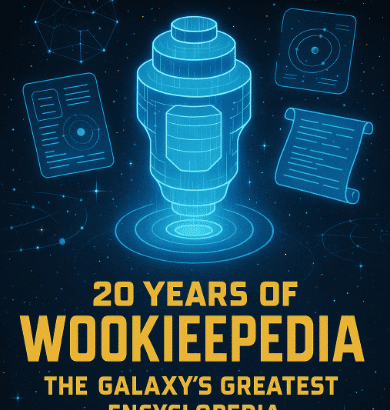 Celebratory digital illustration of Wookieepedia's 20th anniversary with a glowing galactic data archive hologram