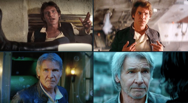 Harrison Ford as Han Solo in Star Wars across different decades