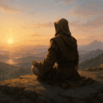 A Jedi meditating at sunrise atop a remote cliff, surrounded by glowing morning light and distant mountains.