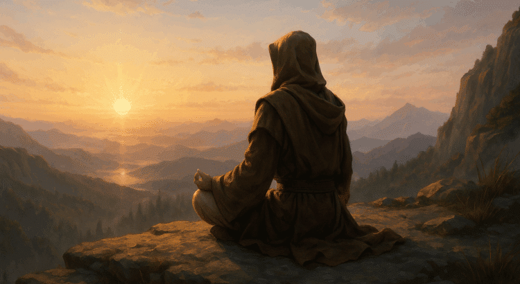 A Jedi meditating at sunrise atop a remote cliff, surrounded by glowing morning light and distant mountains.