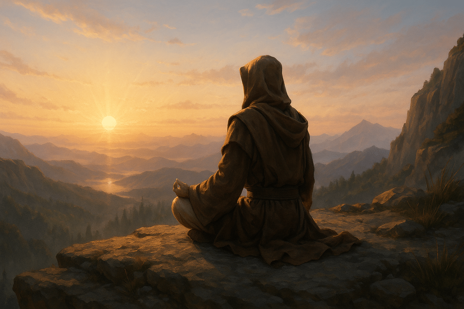 A Jedi meditating at sunrise atop a remote cliff, surrounded by glowing morning light and distant mountains.