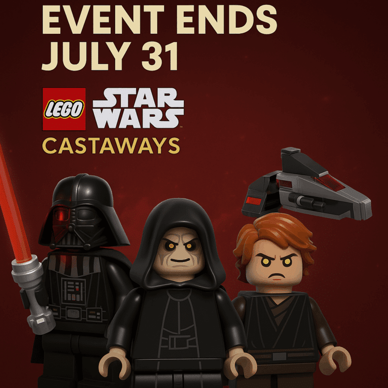 LEGO Star Wars Castaways Sith Moves event with Darth Vader, Emperor Palpatine, Anakin Skywalker, and a Sith speeder, ending July 31.