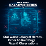 Glitchy hologram transmission of Order 66 Raid data with corrupted visuals and error messages.