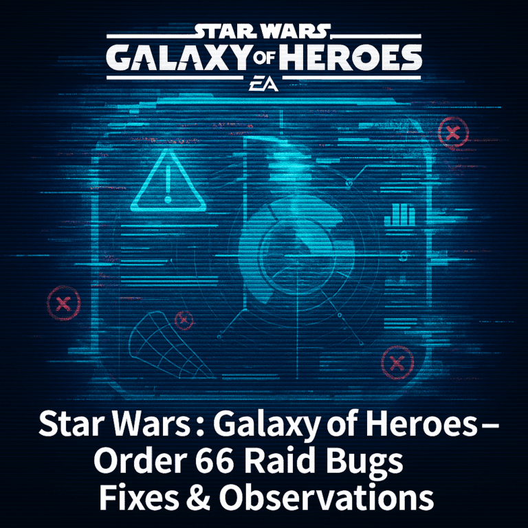 Glitchy hologram transmission of Order 66 Raid data with corrupted visuals and error messages.