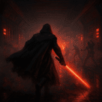 A hooded figure wielding a glowing red energy weapon charges through a dark sci-fi hallway filled with smoke and enemies.