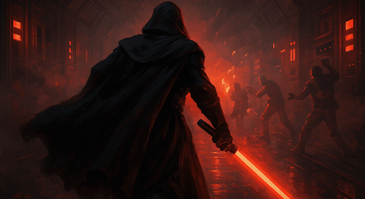 A hooded figure wielding a glowing red energy weapon charges through a dark sci-fi hallway filled with smoke and enemies.