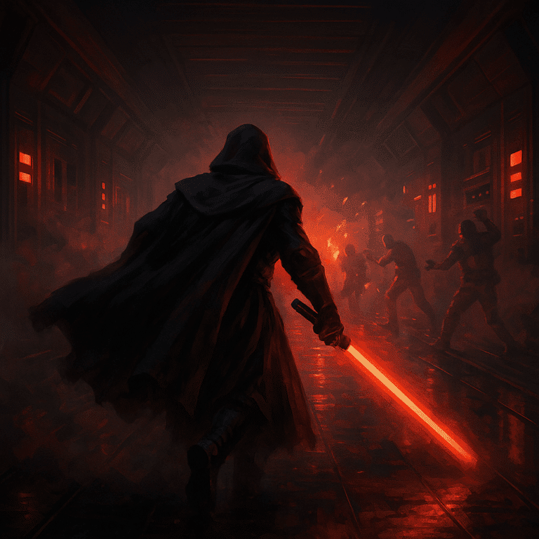 A hooded figure wielding a glowing red energy weapon charges through a dark sci-fi hallway filled with smoke and enemies.