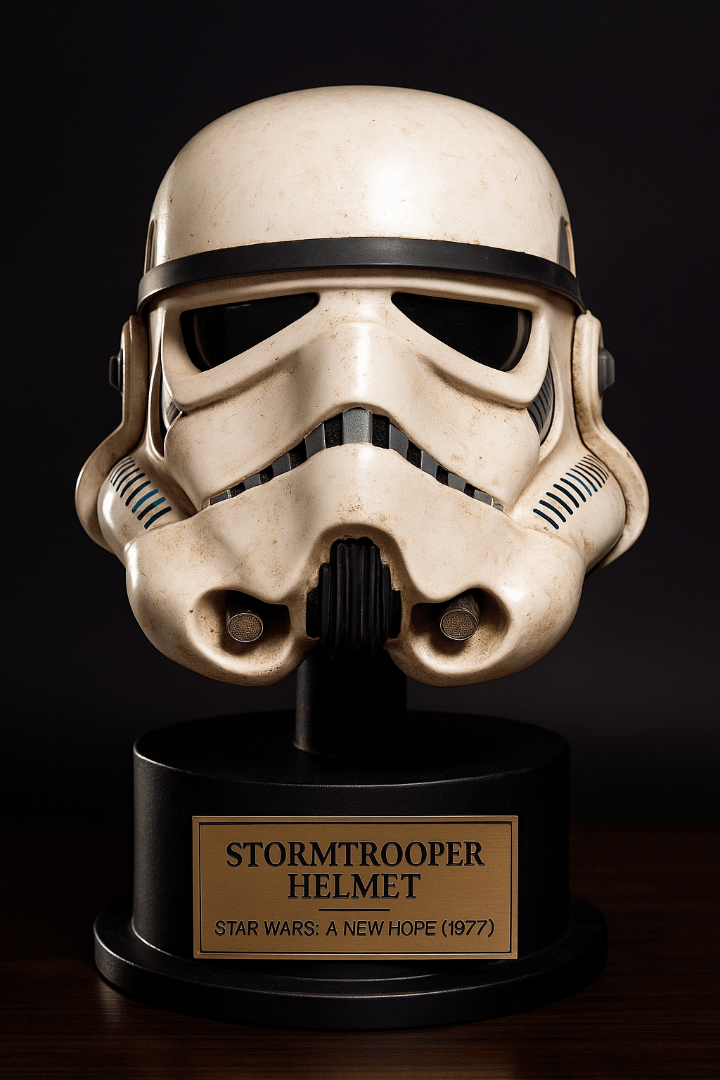 Original stormtrooper helmet from Star Wars: A New Hope on a black pedestal with brass nameplate