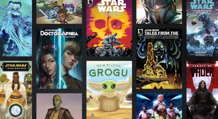 Collage of new Star Wars books and comic covers revealed during the Lucasfilm Publishing Panel at SDCC 2025