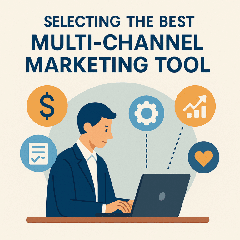 Flat-style illustration of a business professional evaluating multi-channel marketing tools on a laptop with icons for finance, analytics, settings, and engagement.