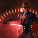 Dark Sith warrior with dual-bladed red lightsaber in a smoky red and black industrial environment