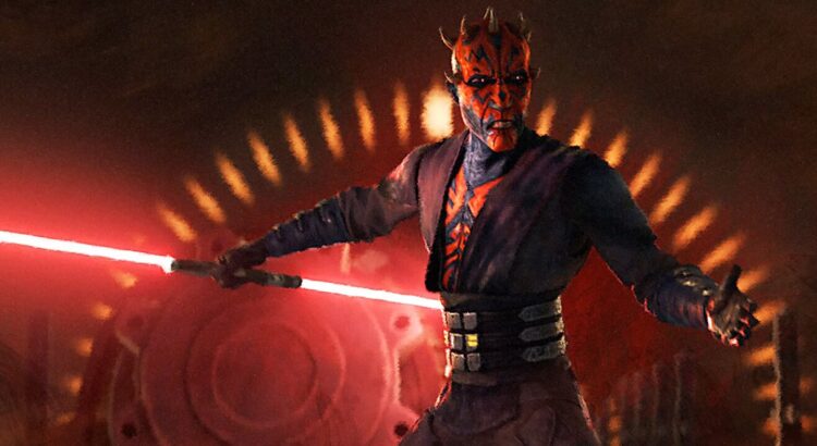 Dark Sith warrior with dual-bladed red lightsaber in a smoky red and black industrial environment
