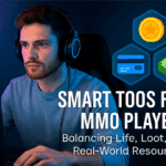A focused male gamer in headphones at his desk, overlaid with icons of virtual currency, a credit card, and cash, with bold text reading "Smart Tools for MMO Players – Balancing Life, Loot, and Real-World Resources"