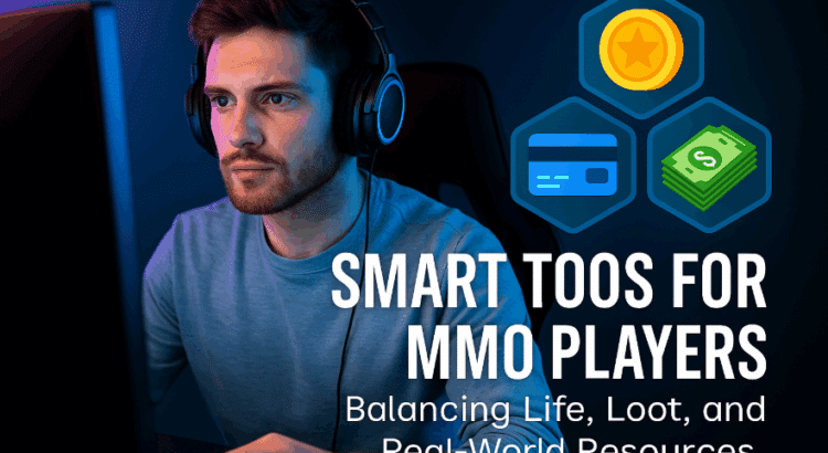 A focused male gamer in headphones at his desk, overlaid with icons of virtual currency, a credit card, and cash, with bold text reading "Smart Tools for MMO Players – Balancing Life, Loot, and Real-World Resources"