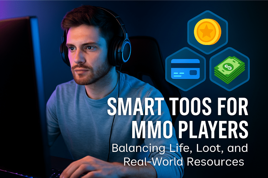 A focused male gamer in headphones at his desk, overlaid with icons of virtual currency, a credit card, and cash, with bold text reading "Smart Tools for MMO Players – Balancing Life, Loot, and Real-World Resources"