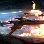 X-Wing and TIE Fighter engage in fiery space combat in Battlefront II’s Hero Starfighters mode.