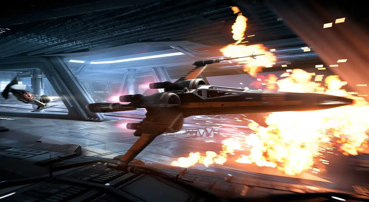 X-Wing and TIE Fighter engage in fiery space combat in Battlefront II’s Hero Starfighters mode.