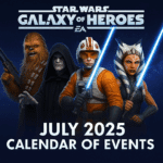 Colorful promotional image for Star Wars: Galaxy of Heroes, highlighting mobile gameplay with calendar event icons for July 2025.