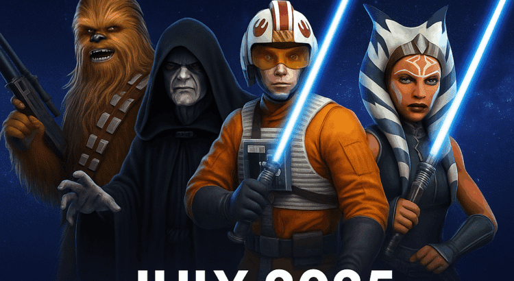Colorful promotional image for Star Wars: Galaxy of Heroes, highlighting mobile gameplay with calendar event icons for July 2025.