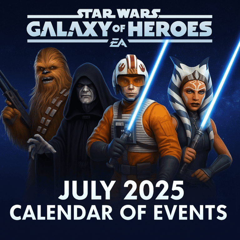 Colorful promotional image for Star Wars: Galaxy of Heroes, highlighting mobile gameplay with calendar event icons for July 2025.