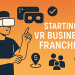 Flat design illustration of a man using a VR headset with icons representing finance, growth, and people, promoting the concept of starting a VR business franchise.
