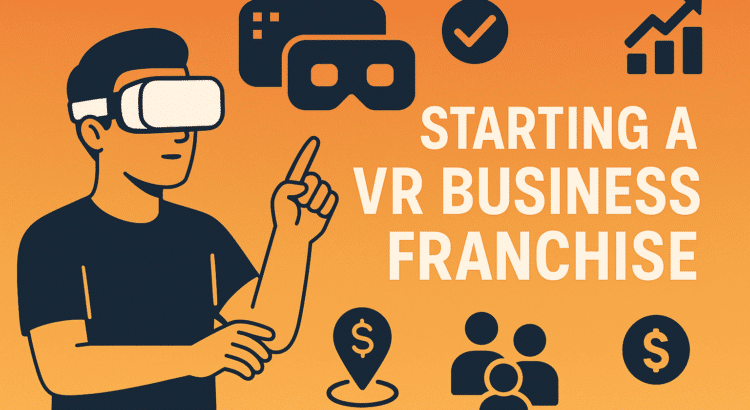 Flat design illustration of a man using a VR headset with icons representing finance, growth, and people, promoting the concept of starting a VR business franchise.