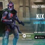 Kix character reveal in Star Wars Galaxy of Heroes with red Phase I armor and green cape