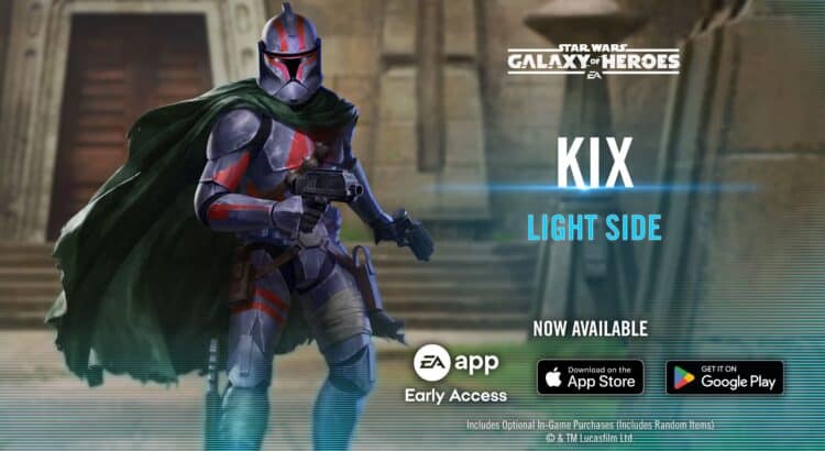 Kix character reveal in Star Wars Galaxy of Heroes with red Phase I armor and green cape