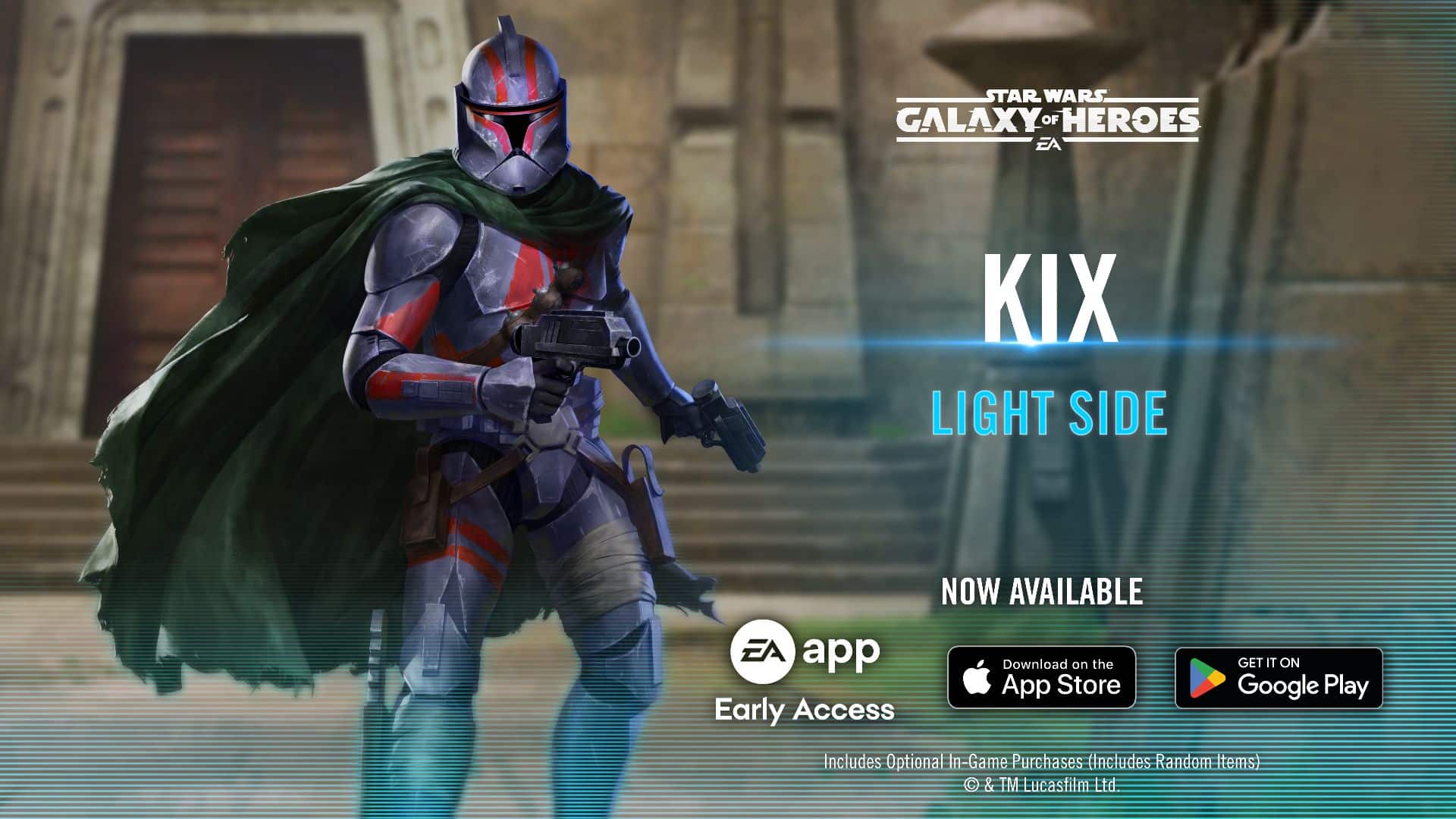Kix character reveal in Star Wars Galaxy of Heroes with red Phase I armor and green cape