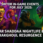 Promotional image for Star Wars: The Old Republic showing Rakghouls and nightlife-themed visuals with the text "SWTOR In-Game Events for July 2025: Nar Shaddaa Nightlife & Rakghoul Resurgence"