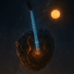 Glowing guitar embedded in asteroid floating in space with twin suns, symbolizing Ozzy Osbourne and Star Wars crossover.