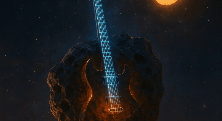 Glowing guitar embedded in asteroid floating in space with twin suns, symbolizing Ozzy Osbourne and Star Wars crossover.