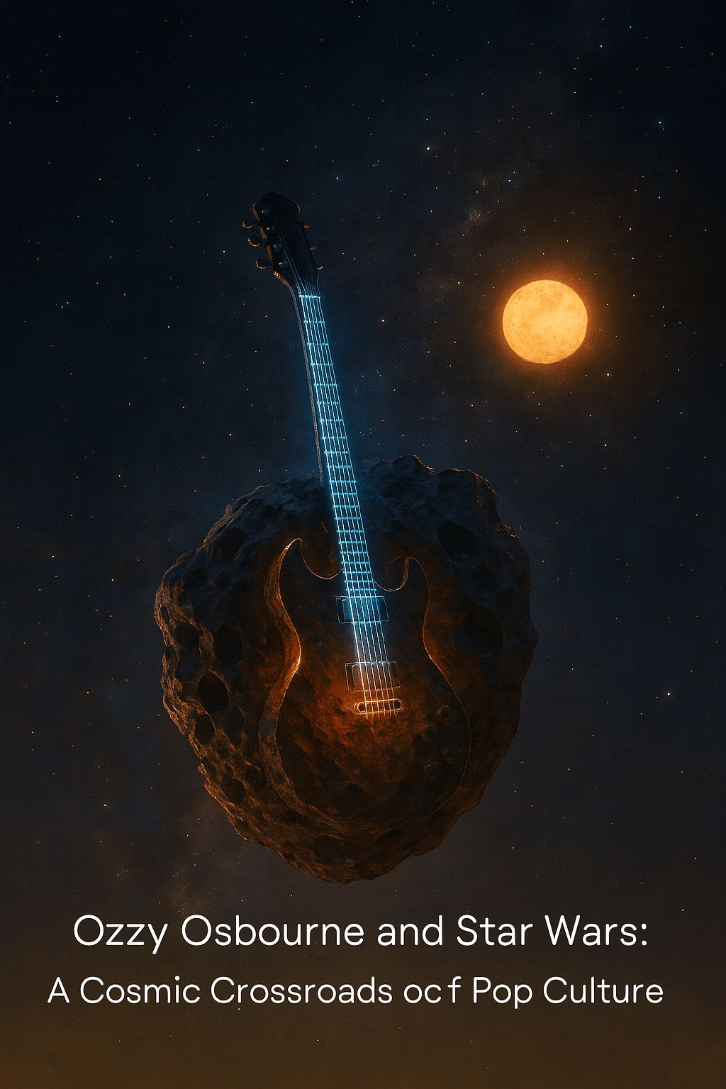 Glowing guitar embedded in asteroid floating in space with twin suns, symbolizing Ozzy Osbourne and Star Wars crossover.