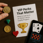 Realistic photo of a VIP casino loyalty card with gold coins, trophy icon, heart, and playing cards on a wooden surface.