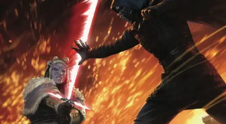 Kylo Ren battles Jedi survivor Grandea in a fiery duel on the cover of Legacy of Vader #7