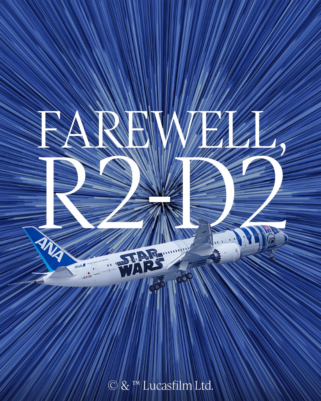 ANA Boeing 787 Star Wars R2-D2-themed aircraft flying through hyperspace