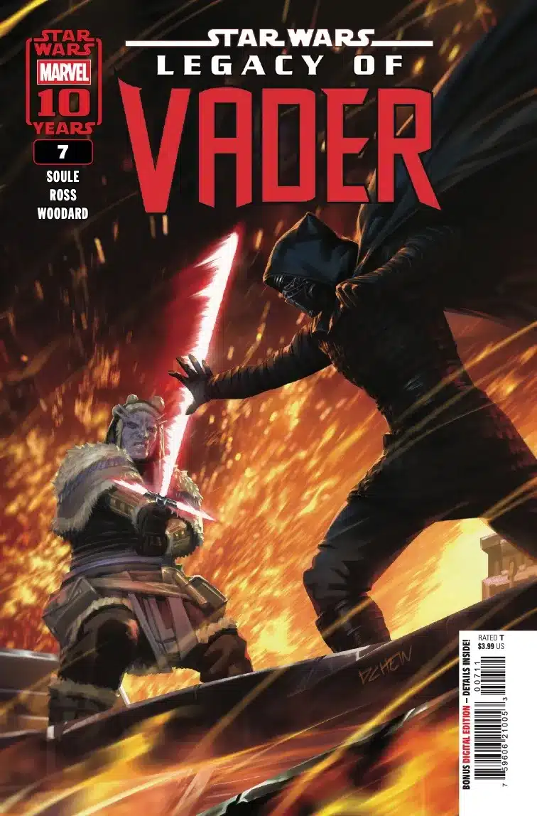 Kylo Ren battles Jedi survivor Grandea in a fiery duel on the cover of Legacy of Vader #7