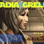 Close-up of Nadia Grell from SWTOR with Star Wars: Battlefront II and The Old Republic logos