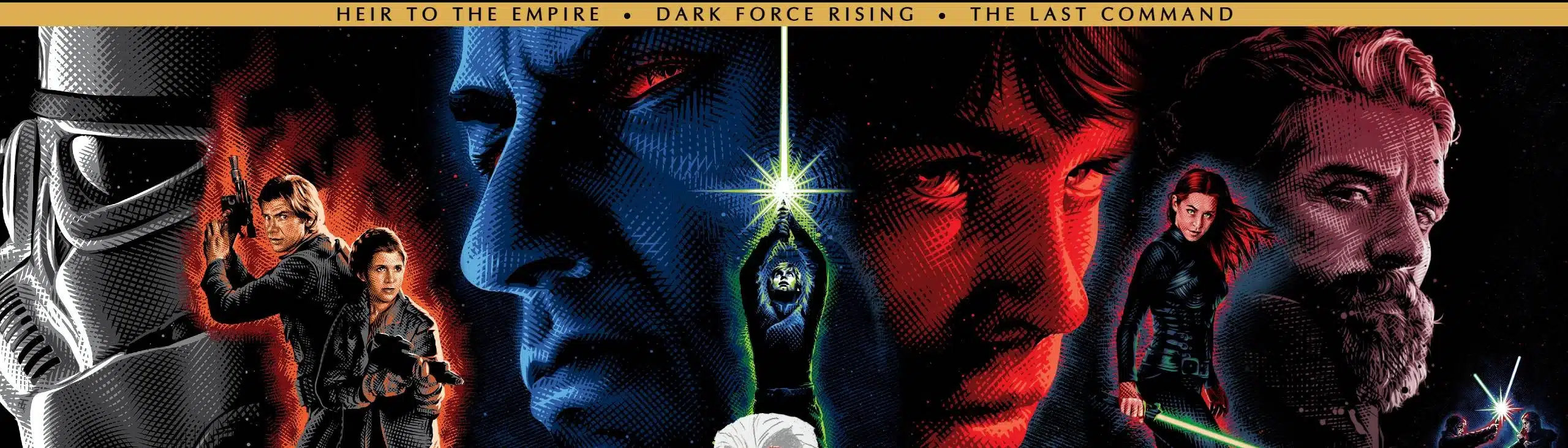 Star Wars Thrawn Trilogy artwork featuring Grand Admiral Thrawn, Luke Skywalker, Han Solo, and Mara Jade