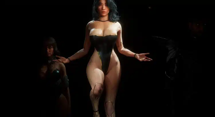Lune in black strapless one-piece swimsuit facing forward in character select screen