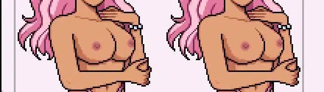 Fields of Mistria NSFW mod topless Adeline character sprite with pink hair