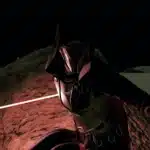 Starfield Star Wars Darth Revan mod with red lightsaber at night