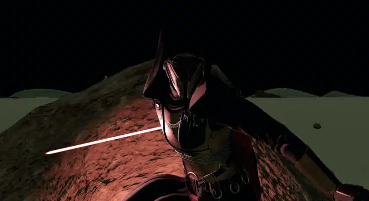 Starfield Star Wars Darth Revan mod with red lightsaber at night