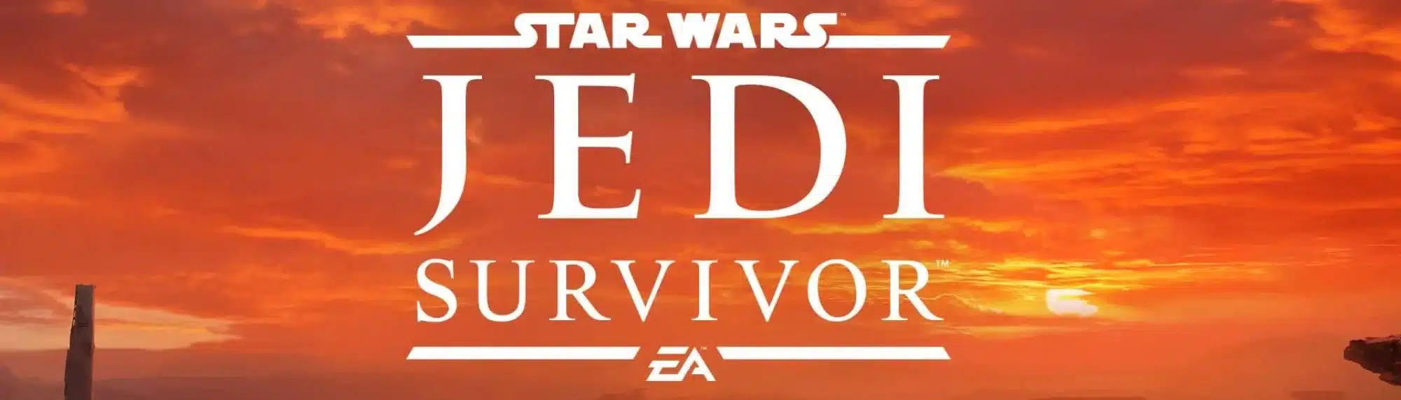 Star Wars Jedi Survivor logo with a dramatic sunset background.